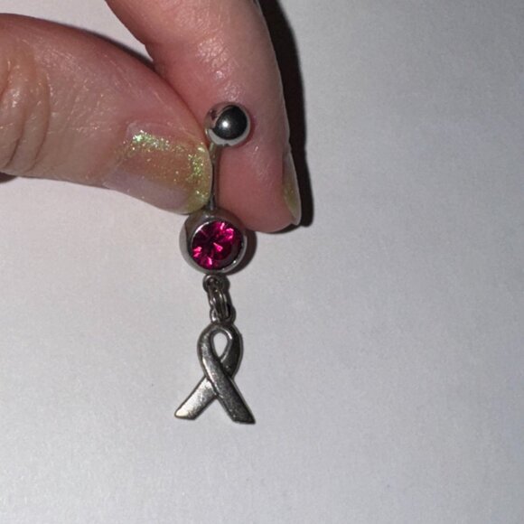 Hot Pink Awareness Ribbon Dangle Belly Ring - Picture 3 of 10